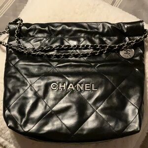 Chanel 22 Small Black Lambskin Silver Hardware Hobo Tote Bag
